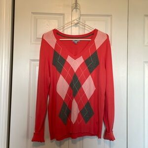 Women’s IZOD XL V neck sweater argyle coral body pink gray diamonds long sleeve